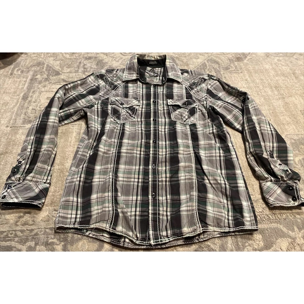 ROAR Embroidered Mens Shirt Long Sleeve Sz Large Black‎ Gray Plaid Button